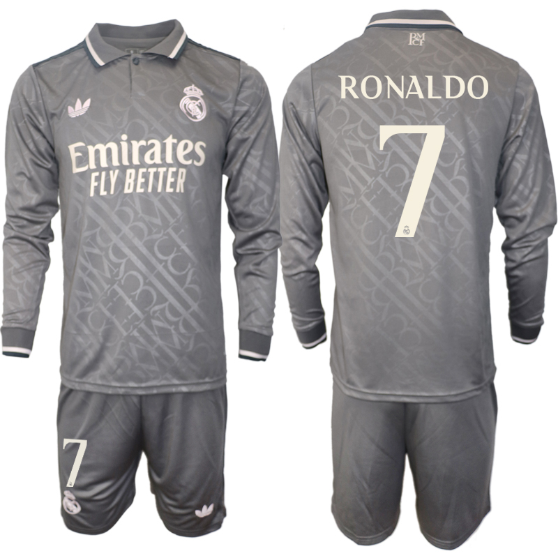 Men 2024-2025 Club Real Madrid away Long Sleeves Grey #7 Soccer Jersey->real madrid jersey->Soccer Club Jersey